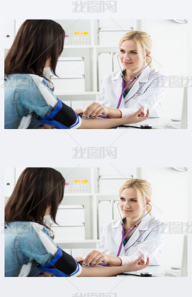 Medicine doctor measuring blood pressure to patient