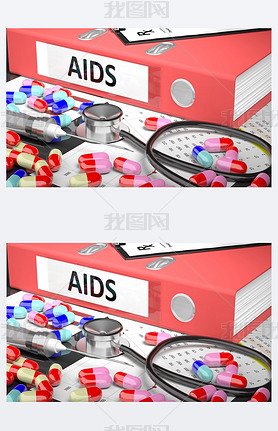 Doctor's table with medicaments and medical supplies. Pale red Folder