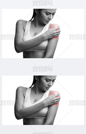 young muscular woman with shoulder pain,isolated on white background with clipping path