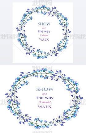 A circle frame border (wreath) of the blue flowers of bluebell, painted in a watercolor on a white b