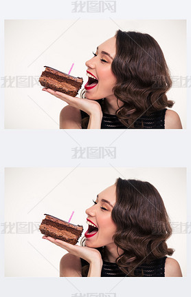 Positive beautiful woman biting piece of chocolate birthday cake