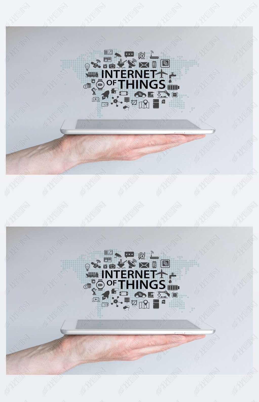 Hand holding tablet or modern art phone. Internet of things (IOT) background concept.