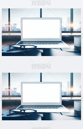 Photo of generic laptop on a workspace with panoramic windows.  City at sunrise in the background. 3
