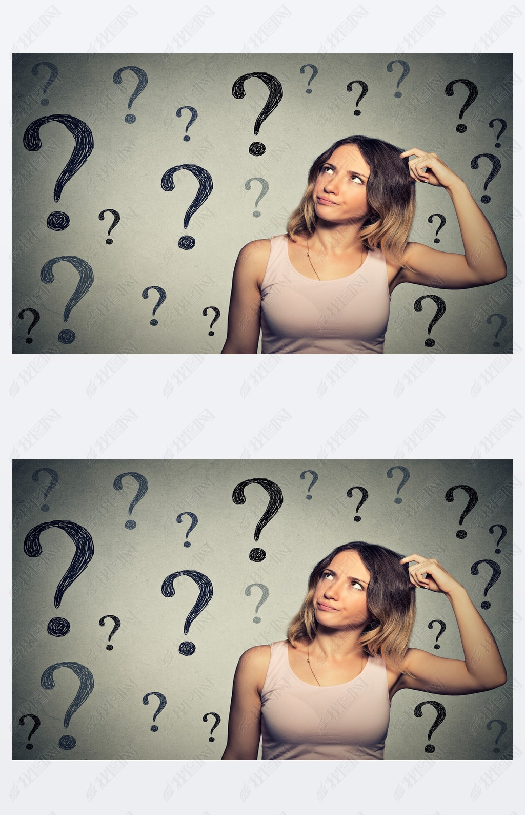 Thinking young woman with looking up at many questions marks