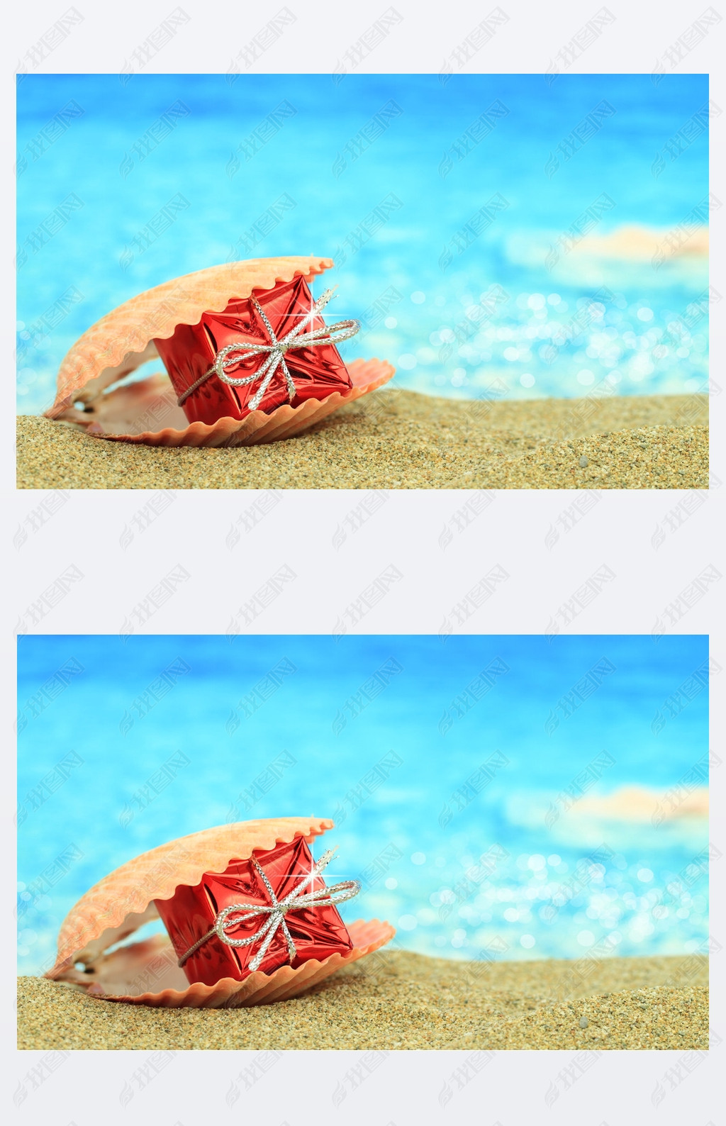 Gift box in a sea shell on the beach