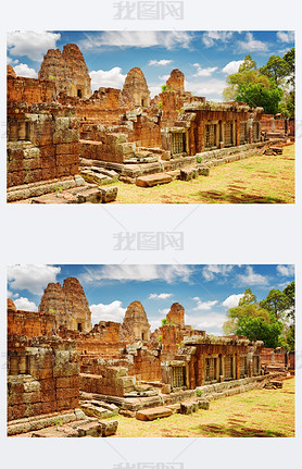 Mysterious ruins of ancient East Mebon temple, Angkor, Cambodia