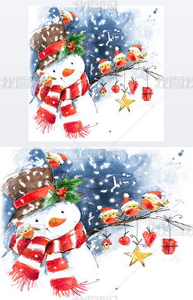 Watercolor snowman and cute bird. Snowman, snow, snowflake, bird watercolor. Winter Holiday design.