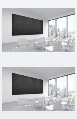 A classroom or presentation room in a modern university or fancy office. White chairs, a black chalk