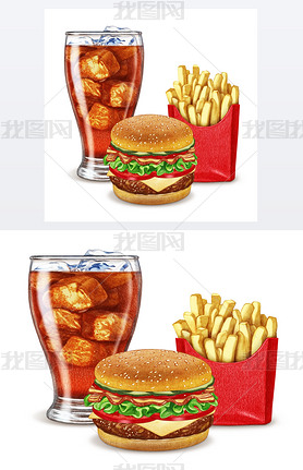 Soft drink, Cheeseburger and French fries. 