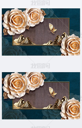 3d illustration, dark green background, large beige roses and a large beige butterfly, gold frame wi