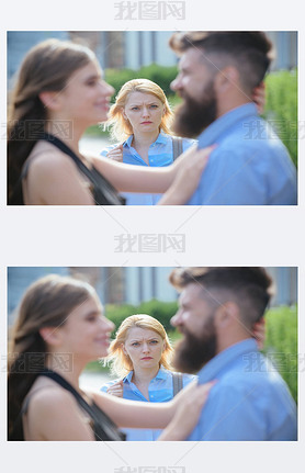 A jealous girlfriend. Unhappy girl feeling jealous. Bearded man cheating his girlfriend with another