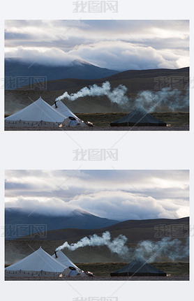 A nomad camp on the shore of lake Manasarovar, western Tibet, China