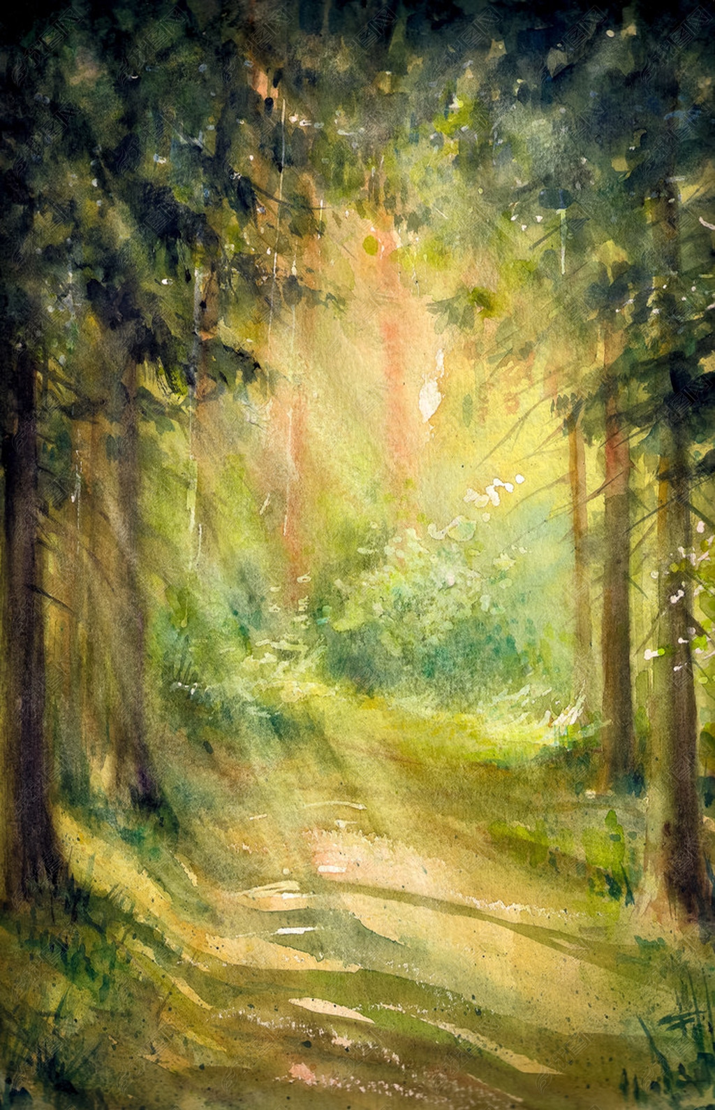 原创森林水彩画画版权可商用