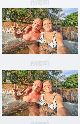 Senior happy couple taking selfie at Maquinit Hot Spring in Coron - Relax concept to Philippines won