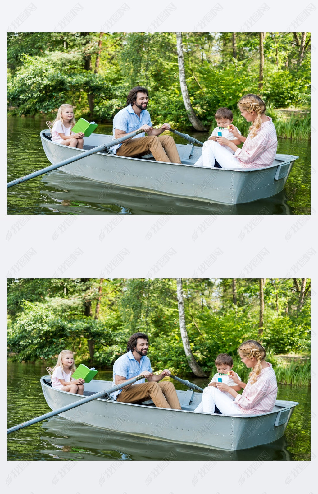 原创微笑的年轻家庭乘坐小船在河在公园版权可商用