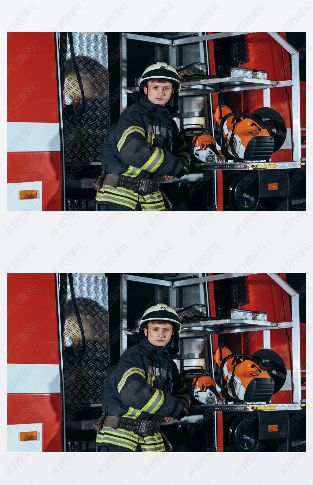 portrait of firefighter in helmet standing at truck at fire station