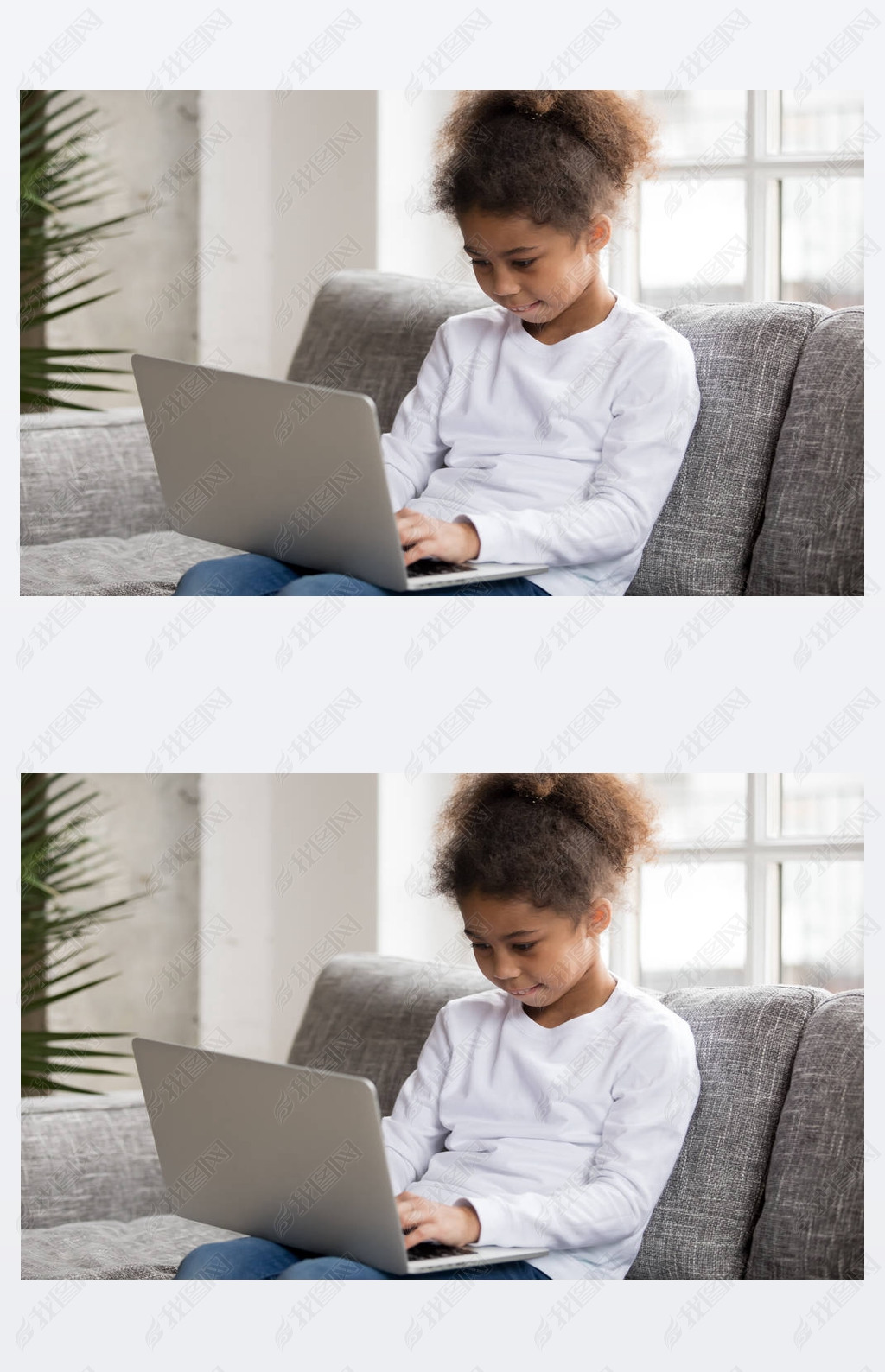 Curious preschool african mixed race girl using laptop on couch, little art black kid typing on co