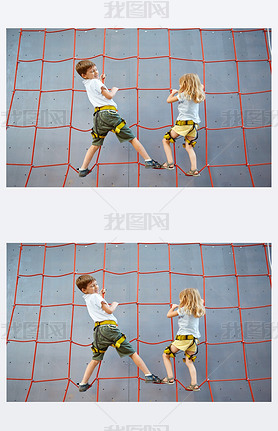 Little boy and girl  in  rock climbing gym