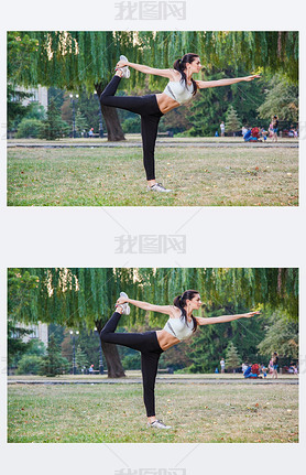 Young happy beautiful y girl is stretching in the park garden. people background. with dark hair 