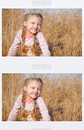 Portrait of a girl with pigtails closeup outdoors