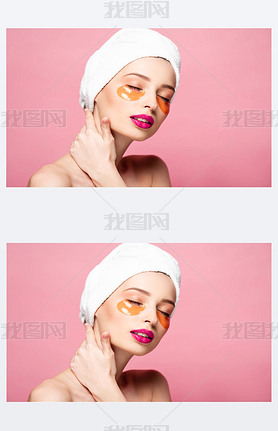 naked girl with eye patches and closed eyes isolated on pink 