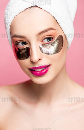 beautiful and naked woman in eye patches isolated on pink 