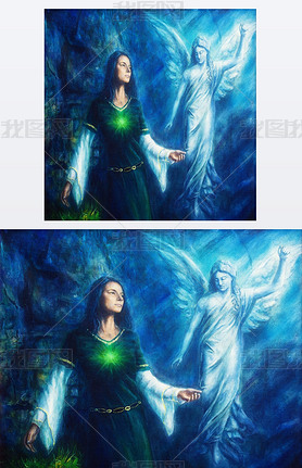 mystic woman  in historical dress with ornament and angel. Spiritual concept. Painting on canvas wit