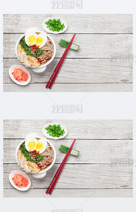 Asian noodle ramen soup with chicken, vegetables and eggs on wooden background. Top view flat lay wi