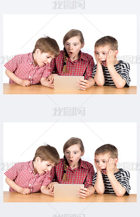 Group of Children Playing Exciting Game on Tablet Isolated on White