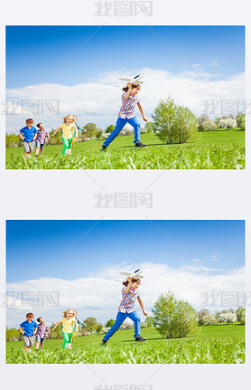 Boy with kids runs with airplane toy