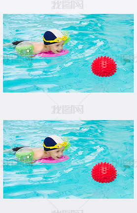 Child in swimming pool, kid swim playing water ball, boy indoor training