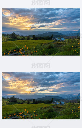 Beautiful rice terraces during sunset