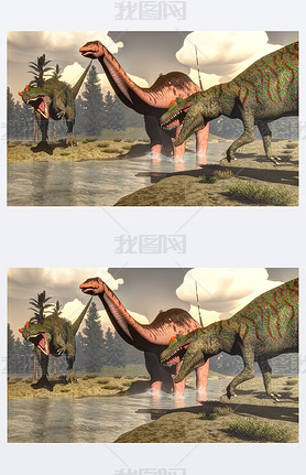 Allosaurus hunting big brontosaurus dinosaur - 3D render