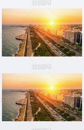 Aerial view of Limassol city coast in Cyprus. Walk path Molos Park with palm trees, Mediterranean se
