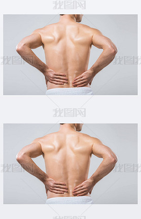 rear view of man hing back pain, isolated on grey 