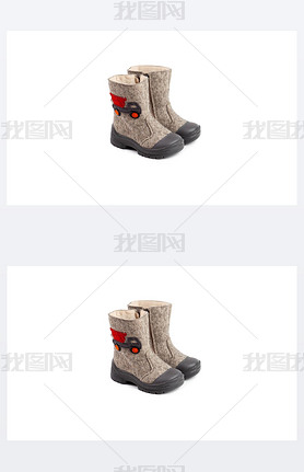 childrens winter felt boots beige with a drawn car isolated on a white background