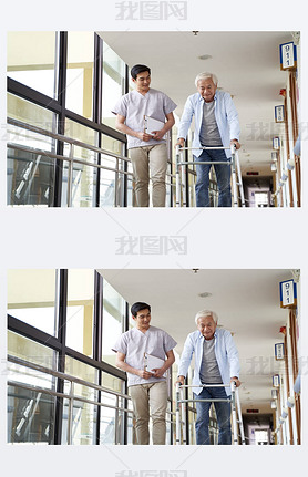 young asian physical therapist working with senior man on walking using a walker