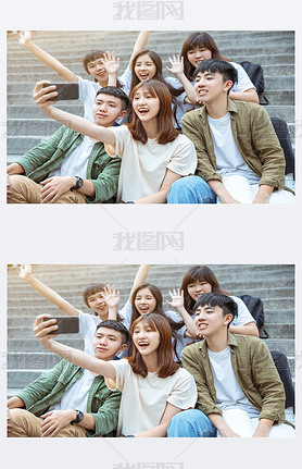 Group of students taking selfie on the stairs  at campus