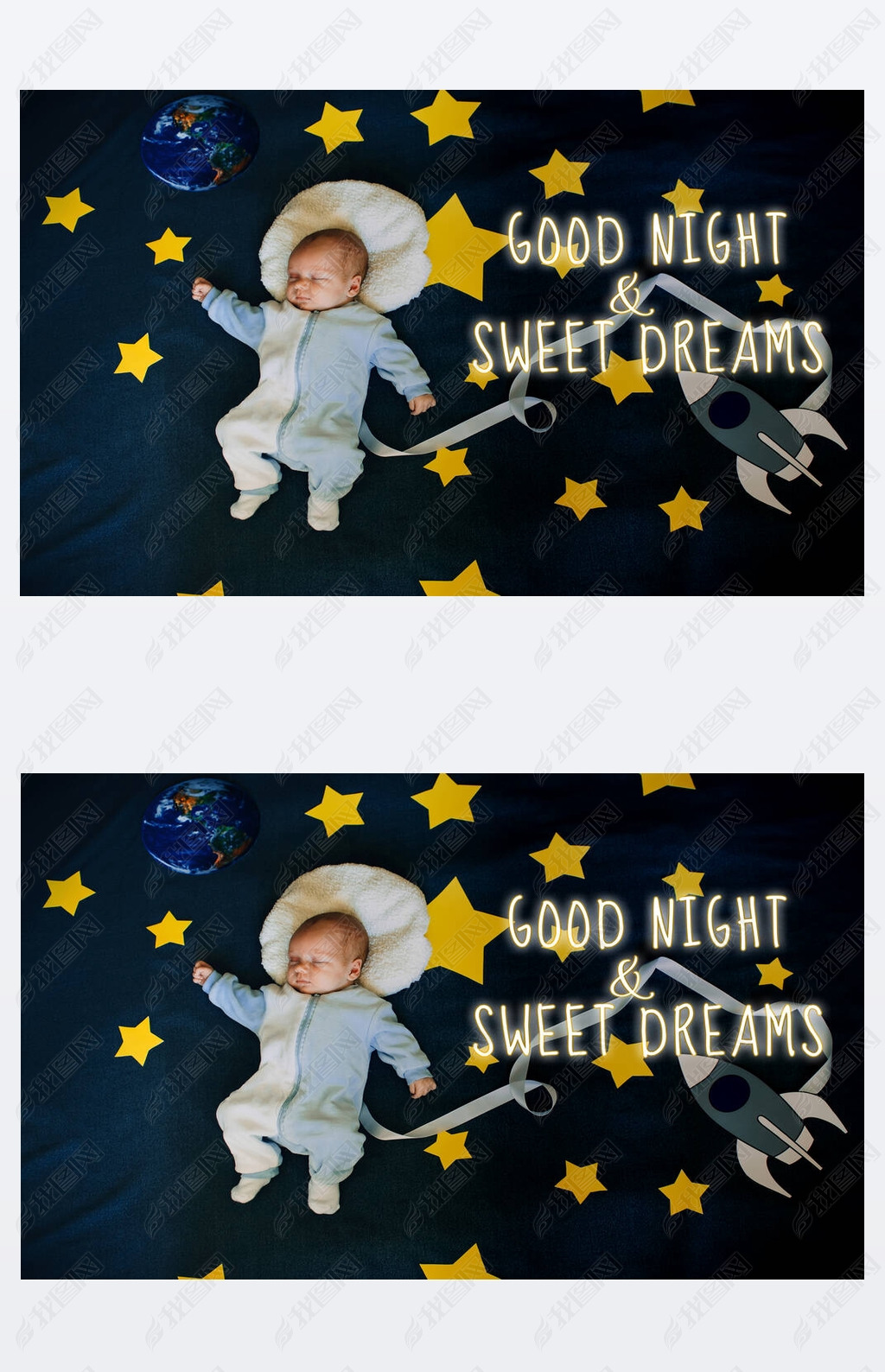 Greeting card with the inscription Good Night and Sweet Dreams. Little boy baby sleeping astronaut