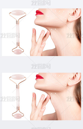 Beautiful woman face and neck after massage with jade roller