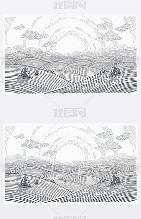 Hilly landscape, sunrise above mountains and hills in graphical style. 