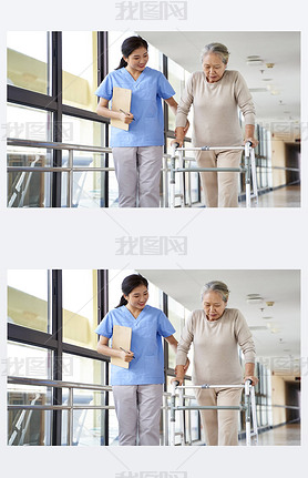 young asian physical therapist working with senior woman on walking with a walker