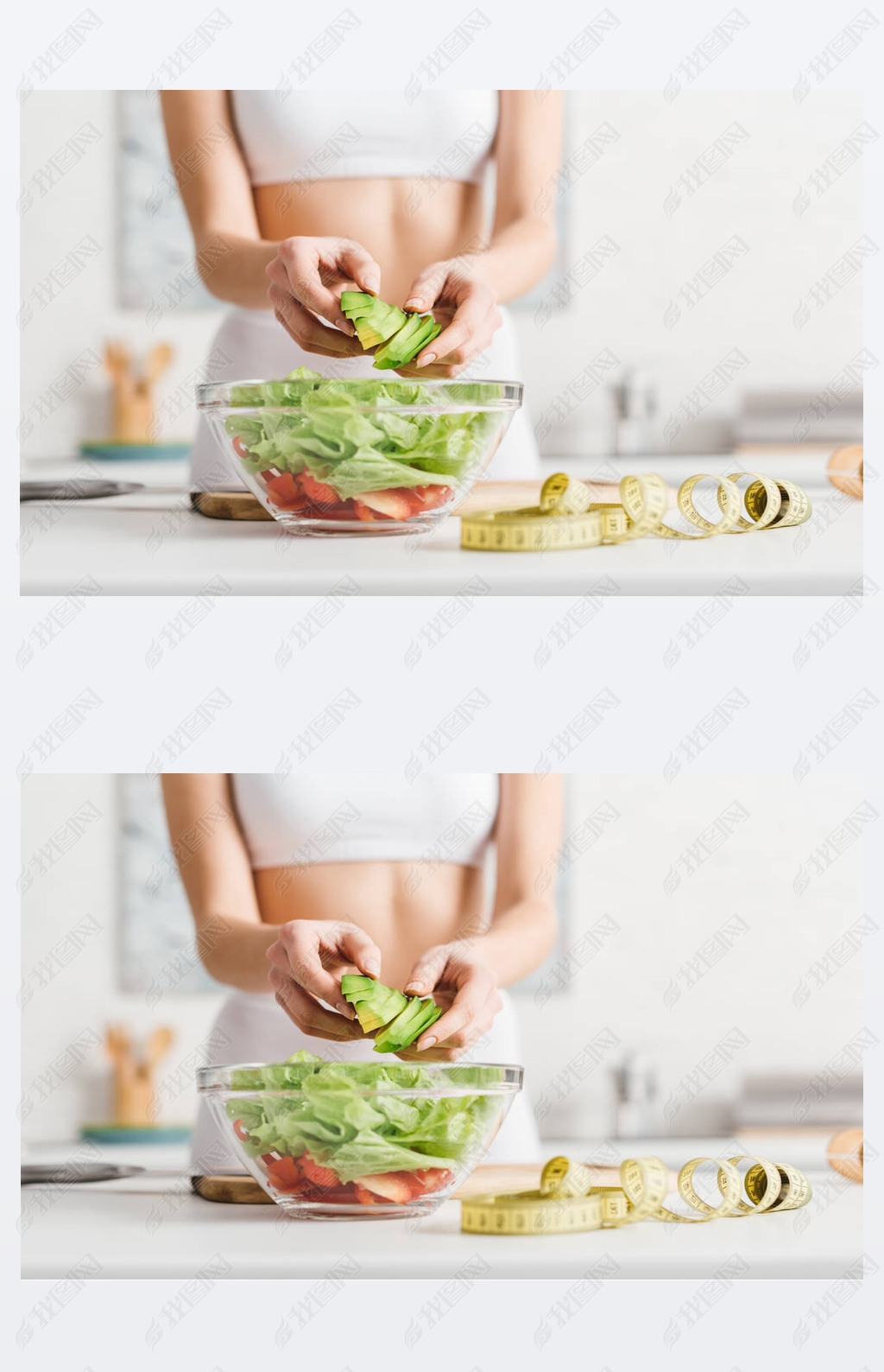 Cropped view of slim woman cooking salad with fresh vegetables and ocado near measuring tape on ki