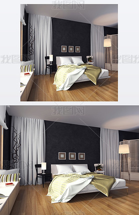 Modern interior of a bedroom with a bed and a blanket