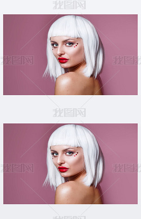 Beauty fashion model girl creative art makeup with red hearts and white hair on pink background