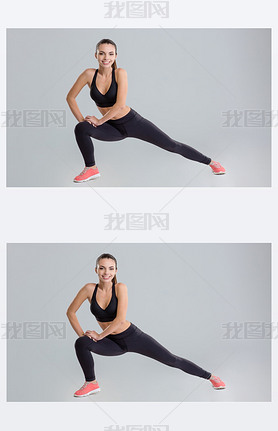 Positive active young fitness woman warming up and stretching 