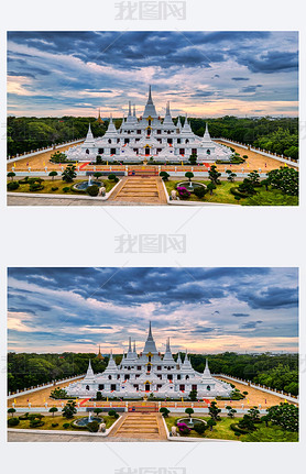 Samut Prakan, Thailand / September 27, 2020Wat Asokaram, Aerial View of White Buddhist Pagoda with 