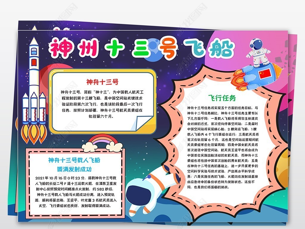 神州十三号载人飞船手抄报科技航天电子小报模板