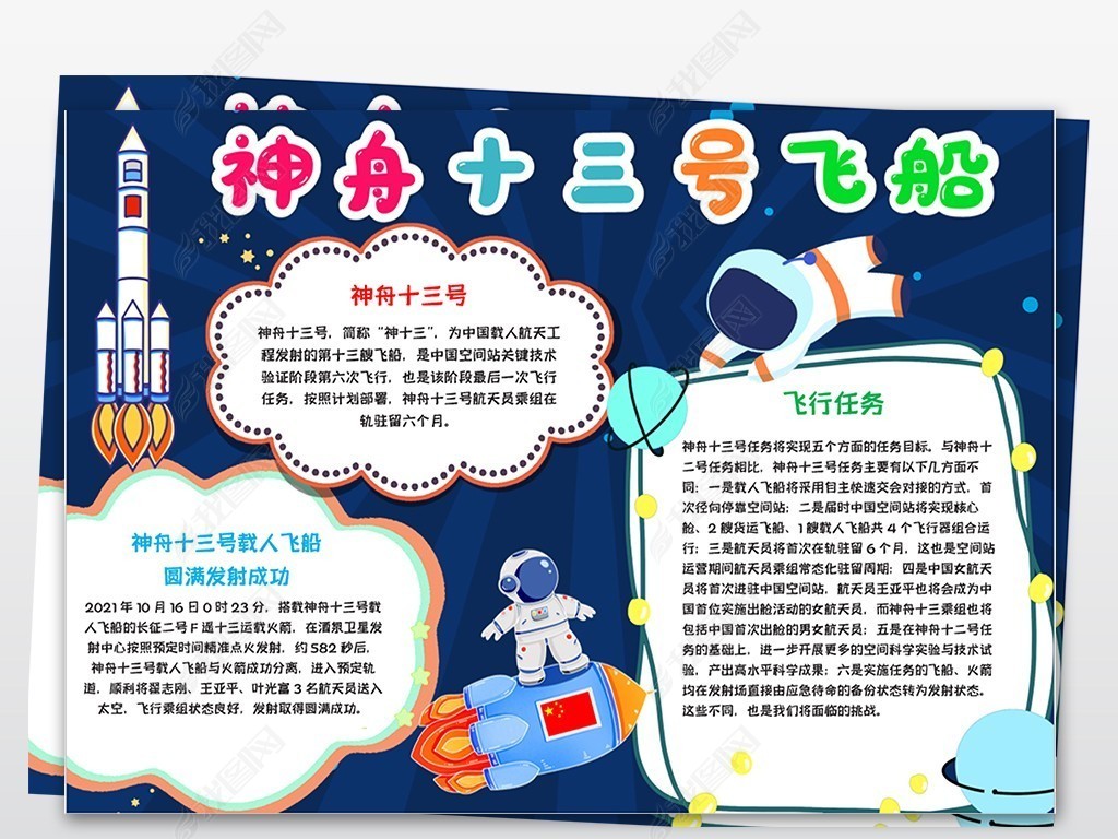 神舟十三号载人飞船手抄报科技航天电子小报模板