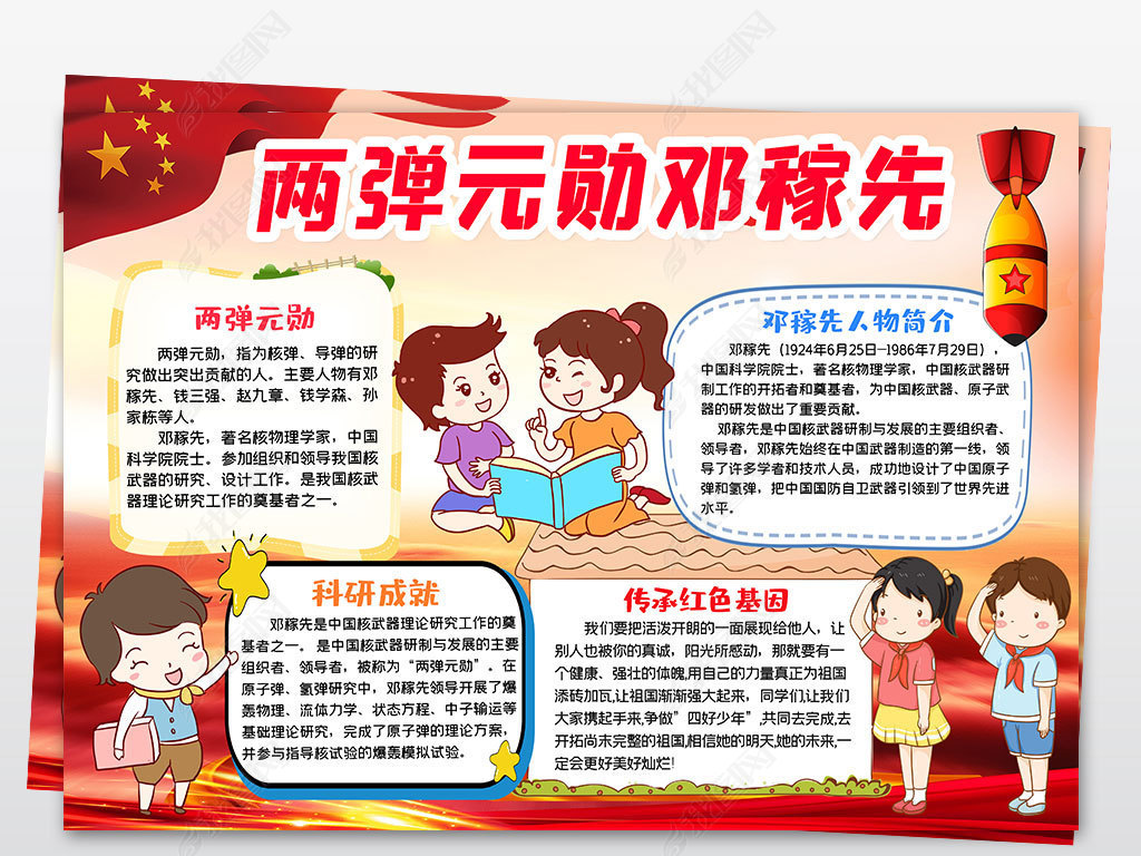 科学家邓稼先的故事科技发展手抄报线稿电子小报